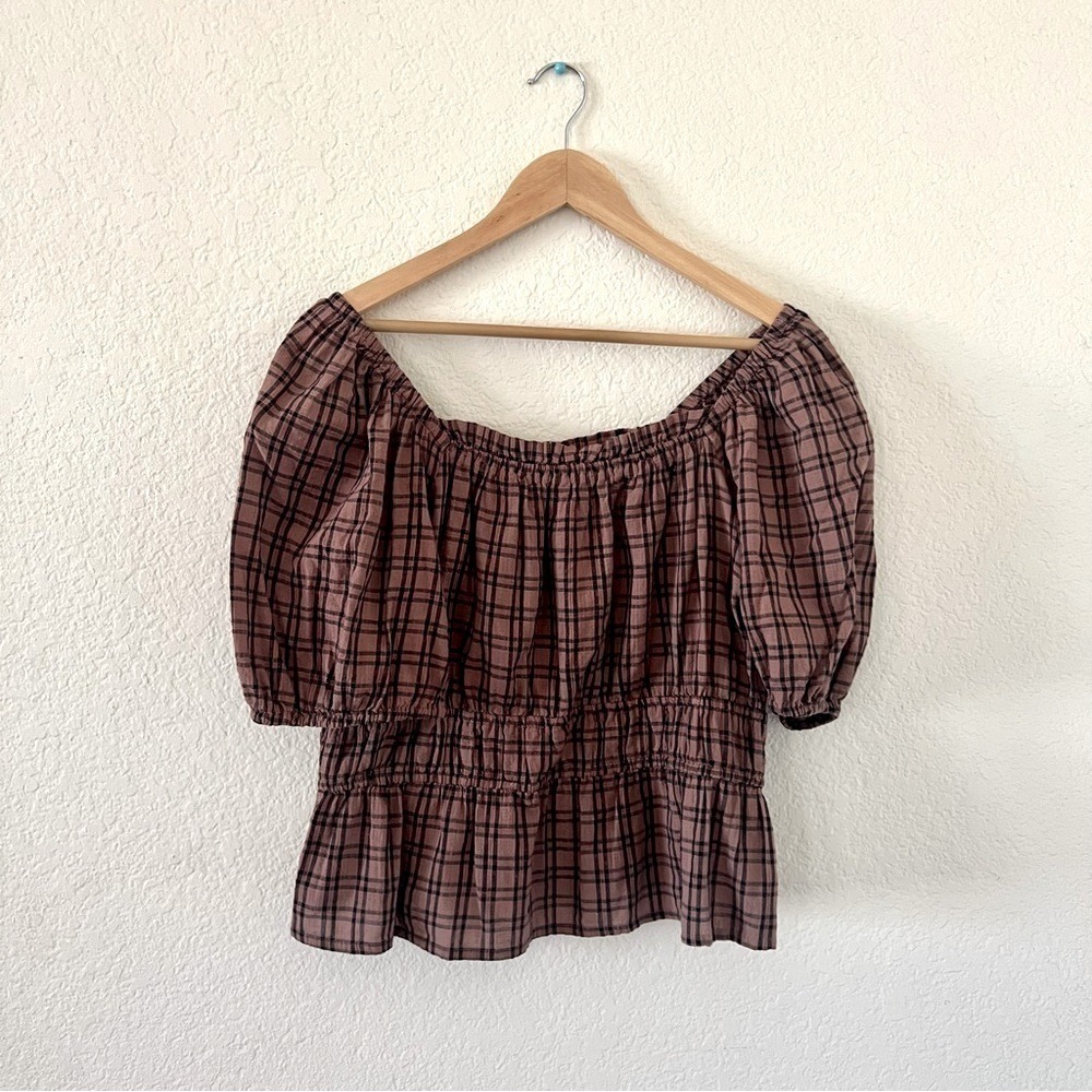 a.n.a Plaid Puff Sleeve Blouse PM Mauve Smocked Waist Square Neck Top